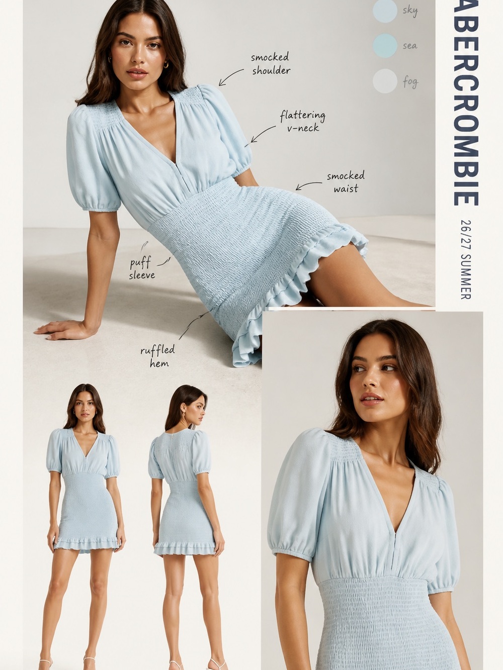 Abercrombie & Fitch Light Blue Puff Sleeve Smocked Mini Dress